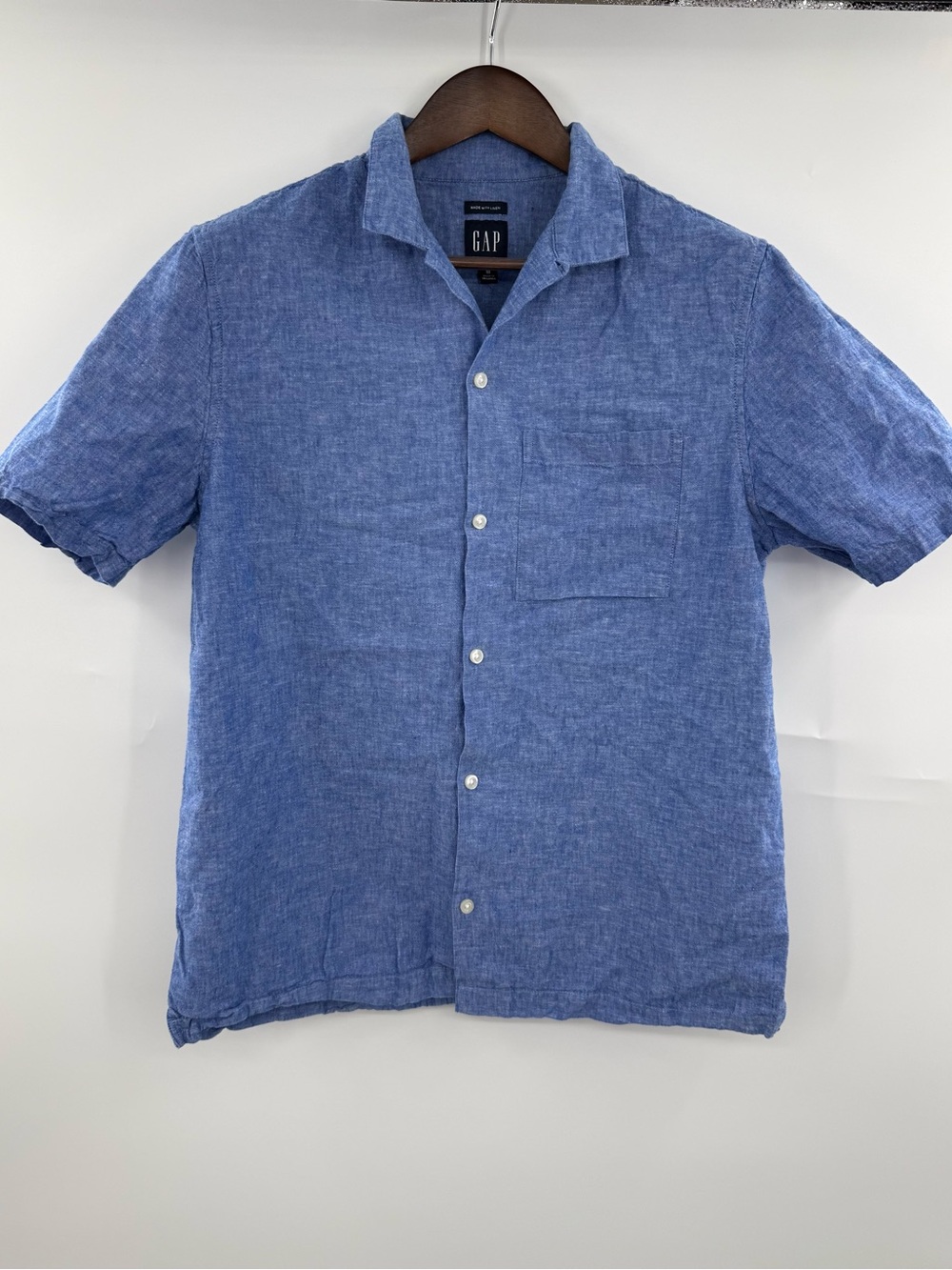 Gap Men’s Linen Blend Shirt Camp Collar Short Sleeve Button Up Light Blue M